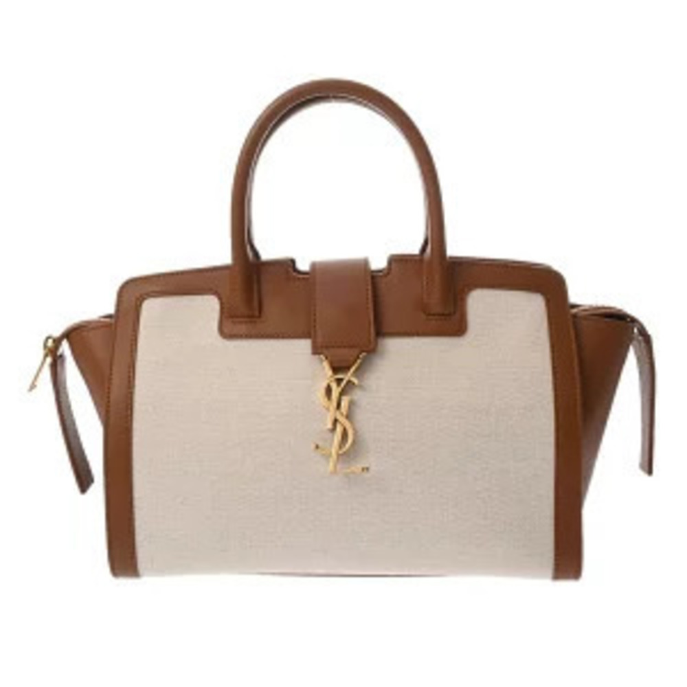 Saint Laurent Downtown Baby Bag White Brown Canvas Calfskin Handbag